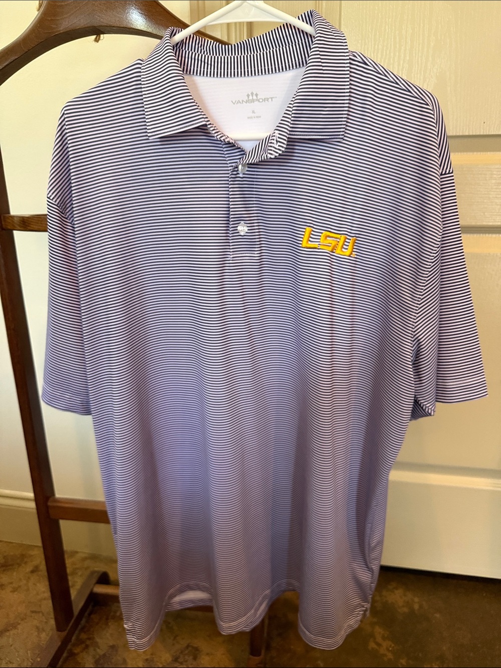 Purple and White Striped LSU Embroidered Polo